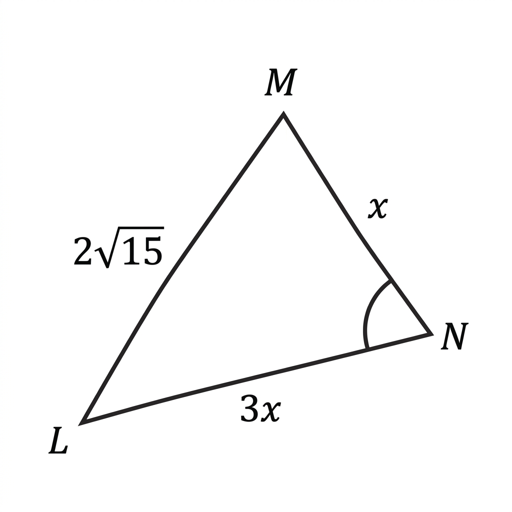 Triangle LMN with sides 2*sqrt(15), x, and 3x. Angle LNM is at vertex N.
