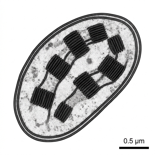 Transmission electron micrograph of a chloroplast showing double membrane, grana which are stacks of thylakoids, and stroma.