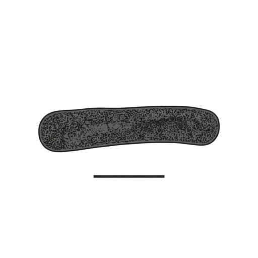 A micrograph showing a single rod-shaped bacterium with a horizontal scale bar below it.