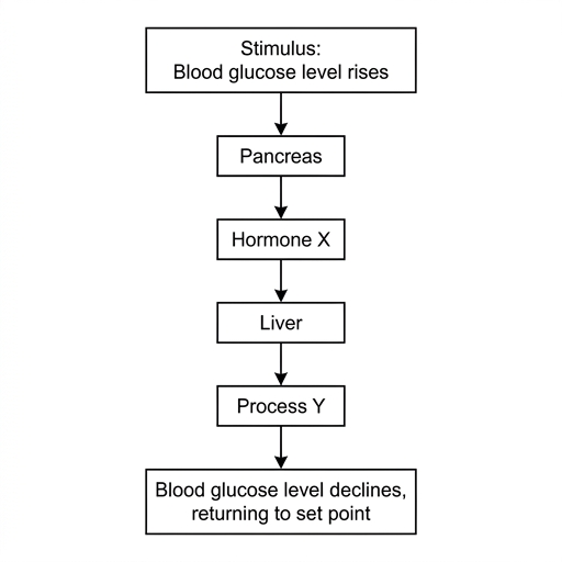 A flowchart showing the response to high blood glucose. A box labelled 'Stimulus: Blood glucose level rises' points to the Pancreas. The Pancreas secretes Hormone X. Hormone X acts on the Liver, which carries out Process Y. The outcome is that the blood glucose level declines, returning to the set point.