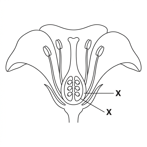 Diagram of a flower cross-section with a part labeled X pointing to the ovary.