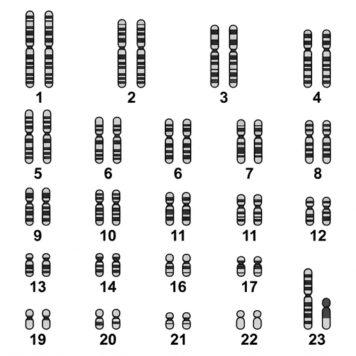 Human karyogram showing 22 pairs of autosomes and one pair of sex chromosomes. The sex chromosomes consist of one larger X chromosome and one smaller Y chromosome.