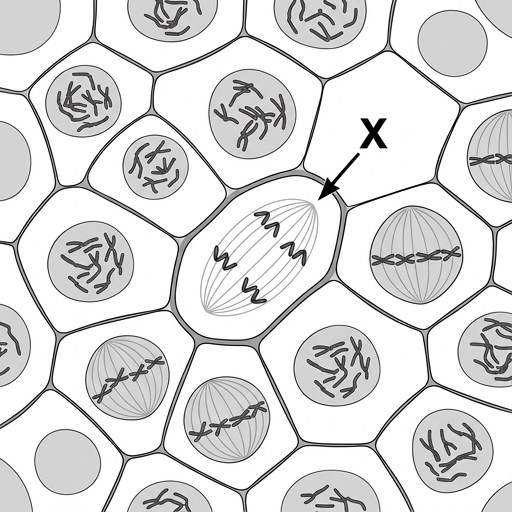Micrograph of whitefish blastula cells. One cell, labeled X, shows sister chromatids separating and moving towards opposite poles of the cell.