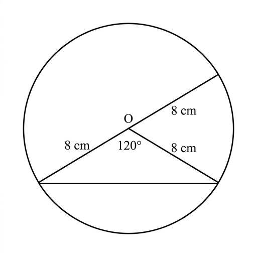 A diagram showing a circular sector with center O, radius 8 cm, and angle 120 degrees. A chord connects the endpoints of the arc. The curved boundary is the arc itself.