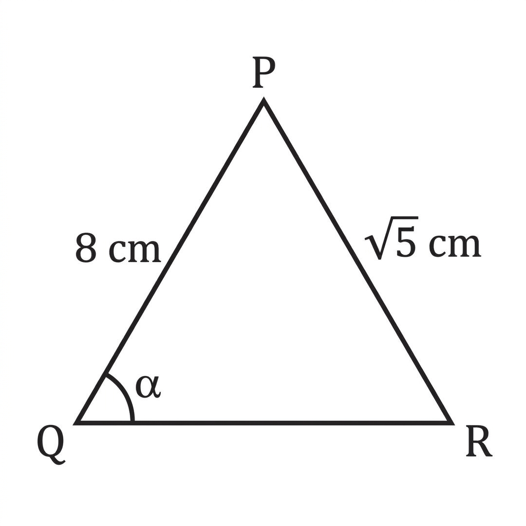 Triangle PQR with side lengths and angle indicated