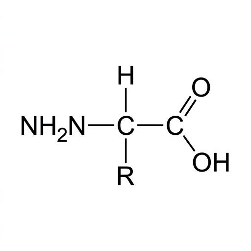 A diagram of an amino acid, showing a central carbon atom bonded to an amine group (-NH2), a carboxyl group (-COOH), a hydrogen atom, and a variable R-group.