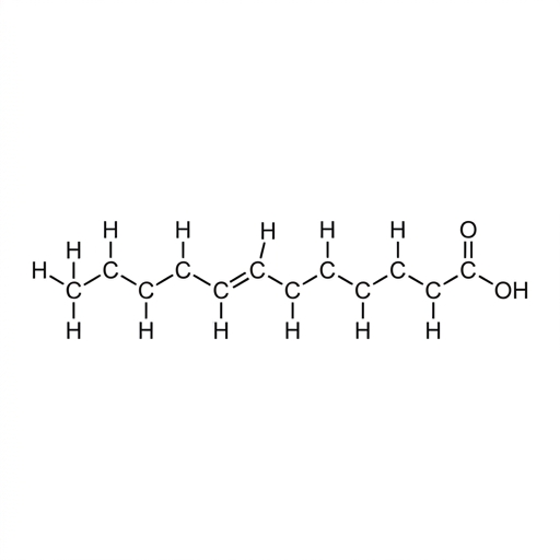 A diagram of a monounsaturated fatty acid, showing a long hydrocarbon chain with one carbon-carbon double bond, which creates a bend or 'kink' in the chain, and a carboxyl group (-COOH) at one end.