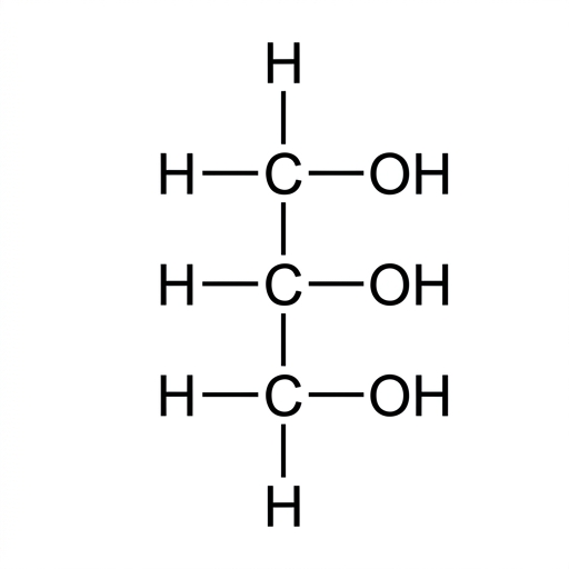 A diagram of a glycerol molecule, showing a three-carbon chain with a hydroxyl (-OH) group attached to each carbon.