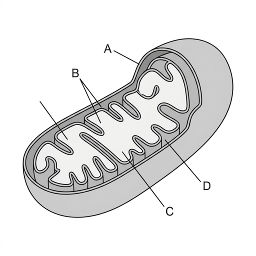 Diagram of a mitochondrion. A points to the outer membrane. B points to the inner membrane (cristae). C points to the matrix. D points to the intermembrane space.