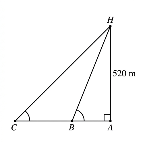 A diagram showing a hot air balloon H 520m above point A on the ground. An observer is at point C, looking up at H at a 30-degree angle. After 20 minutes, the observer is at point B, looking up at H at a 50-degree angle. Points A, B, C are collinear on the ground surface.