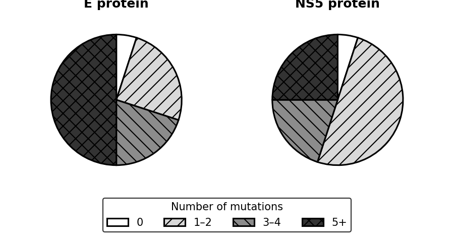 Two pie charts comparing the distribution of mutations for E protein and NS5 protein. Categories include 0 mutations (a very small sliver in both), 1 to 2 mutations, 3 to 4 mutations, and 5 or more mutations. NS5 has a very large sector for 1 to 2 mutations, whereas E protein has a very large sector for 5 or more mutations. Both have equal sized sectors for 0 mutations and 3 to 4 mutations.