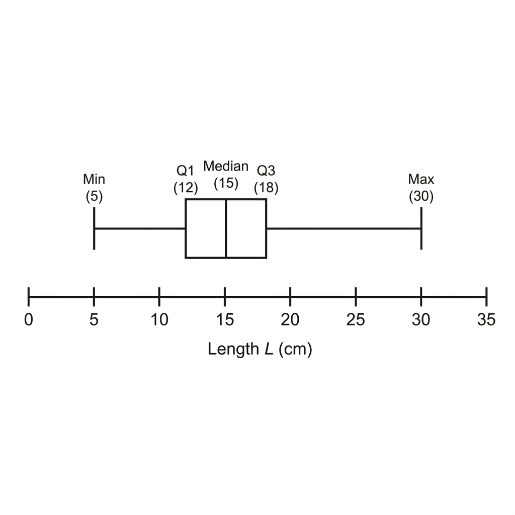 Box and whisker diagram showing lengths of fish (cm) with minimum 5, Q1 12, median 15, Q3 18, maximum 30. all labelled