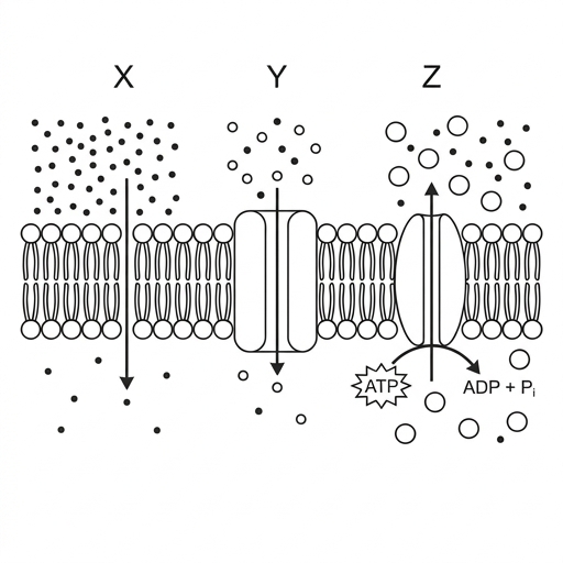 Diagram of a cell membrane showing three transport processes labelled X, Y, and Z. Process X shows small, non-polar molecules diffusing directly across the lipid bilayer from a high concentration to a low concentration. Process Y shows ions moving through a channel protein from a high concentration to a low concentration. Process Z shows molecules being moved by a pump protein from a low concentration to a high concentration, with the conversion of ATP to ADP shown.