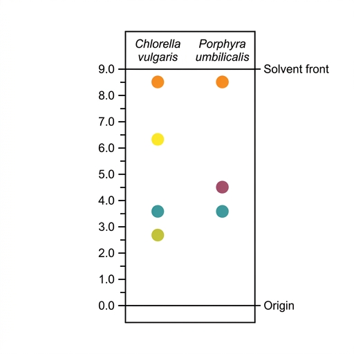 A paper chromatogram with an origin line at the bottom and a solvent front line at the top, 9.0 cm apart. There are two lanes. Lane 1, for Chlorella vulgaris, shows four spots from bottom to top: Spot A (yellowish-green) at 2.7 cm, Spot B (blue-green) at 3.6 cm, Spot C (yellow) at 6.3 cm, and Spot D (orange) at 8.6 cm. Lane 2, for Porphyra umbilicalis, shows three spots: Spot E (blue-green) at 3.6 cm, Spot F (reddish-purple) at 4.5 cm, and Spot G (orange) at 8.6 cm.