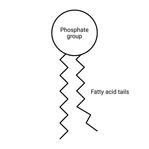 Diagram of a phospholipid molecule, clearly showing a polar head containing a phosphate group, and two non-polar fatty acid tails.