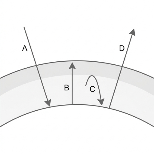 A diagram showing the Earth and its atmosphere. An arrow labelled 'A' shows short-wave radiation coming from the sun and passing through the atmosphere to the Earth's surface. An arrow labelled 'B' shows long-wave radiation leaving the Earth's surface and pointing up towards the atmosphere. An arrow labelled 'C' shows radiation being re-emitted from the atmosphere back towards the Earth's surface. An arrow labelled 'D' shows some long-wave radiation passing through the atmosphere and escaping into space.
