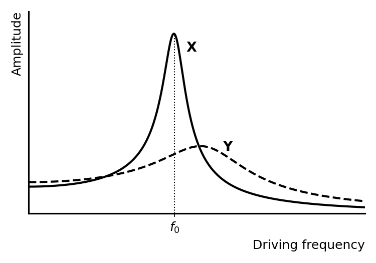 Graph with two resonance curves on the same axes of Amplitude vs Frequency. Curve X is a tall, narrow peak centred at frequency f0. Curve Y is a much shorter, broader peak, with its maximum amplitude at a frequency slightly greater than f0.