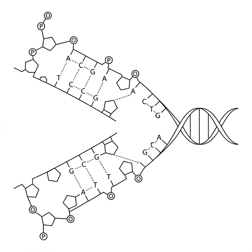 Diagram of a DNA replication fork. The parent DNA double helix is being unwound. Two new strands are being synthesized against the template strands. The base pairs A-T and C-G are shown, with hydrogen bonds between them represented by dotted lines. The sugar-phosphate backbone is also shown, indicating covalent bonds within each strand.