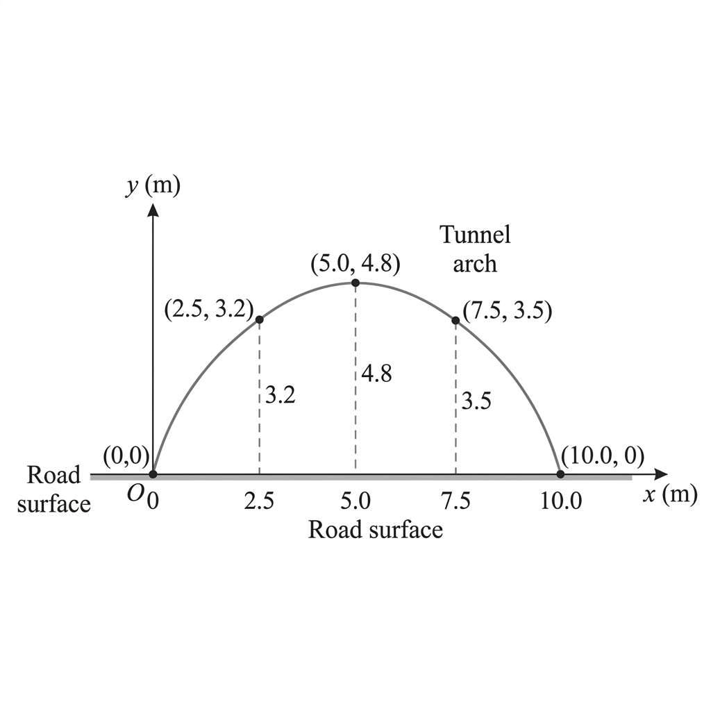 Diagram showing the cross-section of a tunnel arch over a road surface, with a coordinate system. The arch starts at O(0,0) and ends at (10,0). The road level is at y=0. The arch goes above the road level.