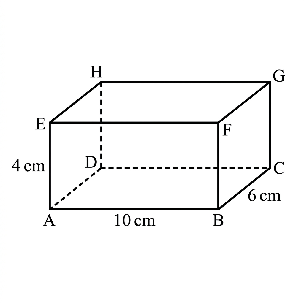 A diagram of a rectangular box with dimensions 10cm length, 6cm width, and 4cm height. Vertices are labeled A, B, C, D, E, F, G, H.