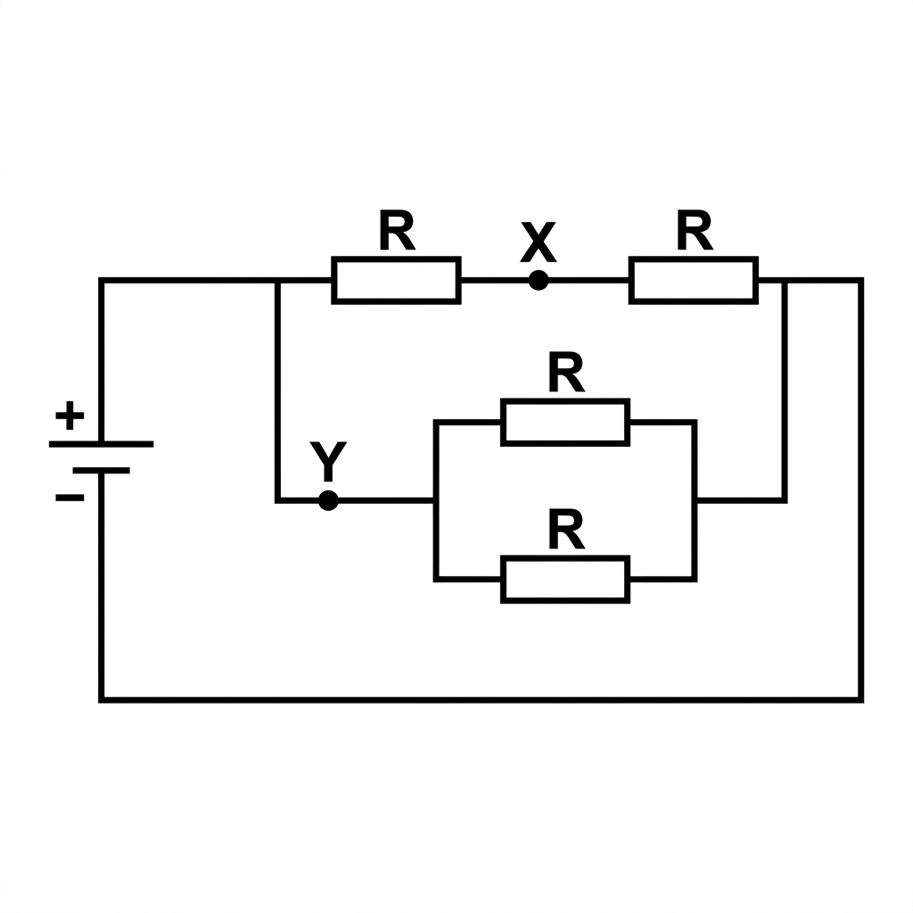 A schematic diagram of an electrical circuit connected to a DC voltage source on the left. The main wire from the positive terminal splits into two distinct parallel branches. The top branch consists of two identical resistors, each labeled R, connected in series; a measurement point X is located on the wire between these two resistors. The bottom branch features a measurement point Y on its initial wire, which then immediately splits into a nested parallel sub-circuit containing two identical resistors, also labeled R, before recombining. The top and bottom branches finally merge back together and return to the negative terminal of the voltage source.
