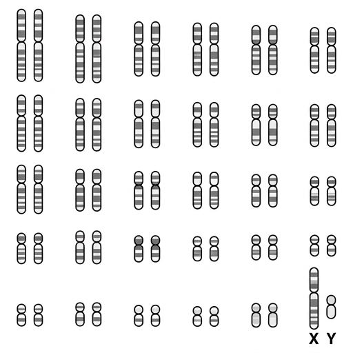 Karyogram showing 30 pairs of autosomes arranged in decreasing size, and two sex chromosomes, one large (X) and one small (Y).