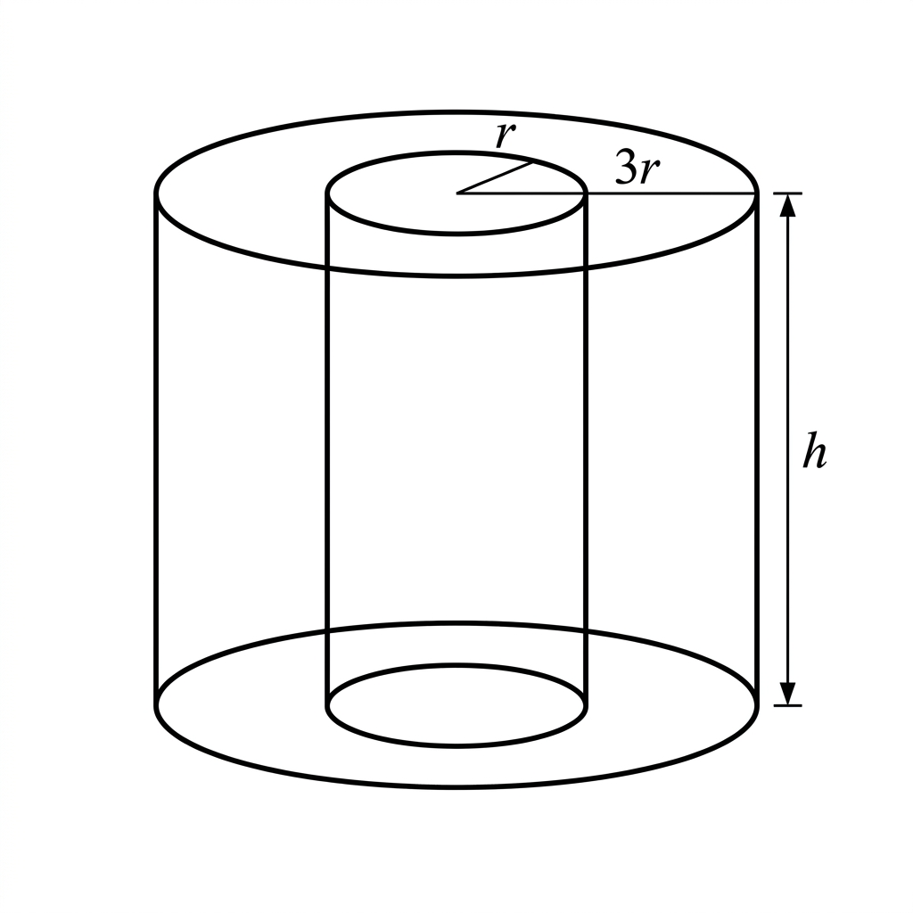 Diagram of a hollow cylinder with no top with outer radius 3r, inner radius r, and both with height h