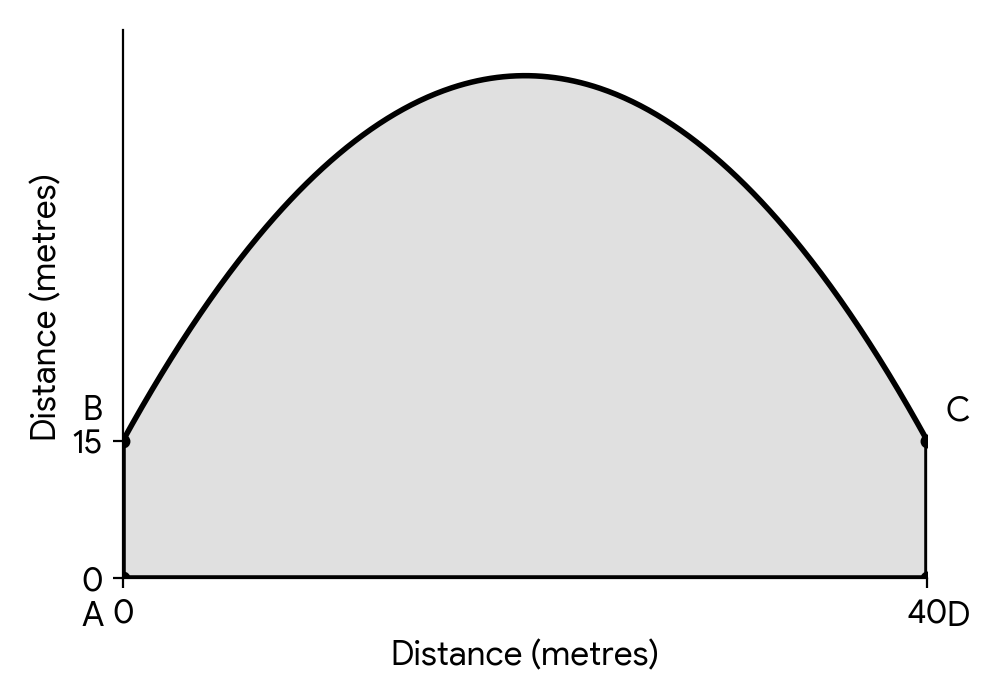 Graph showing a shaded region representing a park, bounded by a curve g(x) and straight lines, with points A, B, C, D.