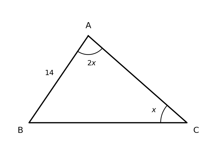 A diagram of triangle ABC. Angle at vertex C is labelled x. Angle at vertex A is labelled 2x. The side opposite vertex C, AB, is labelled 14.