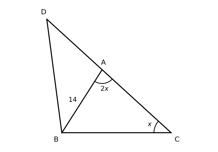 The same triangle ABC as before. The line segment CA is extended to a point D, so that C, A, D are collinear. A line segment connects B and D, forming a new triangle ABD.