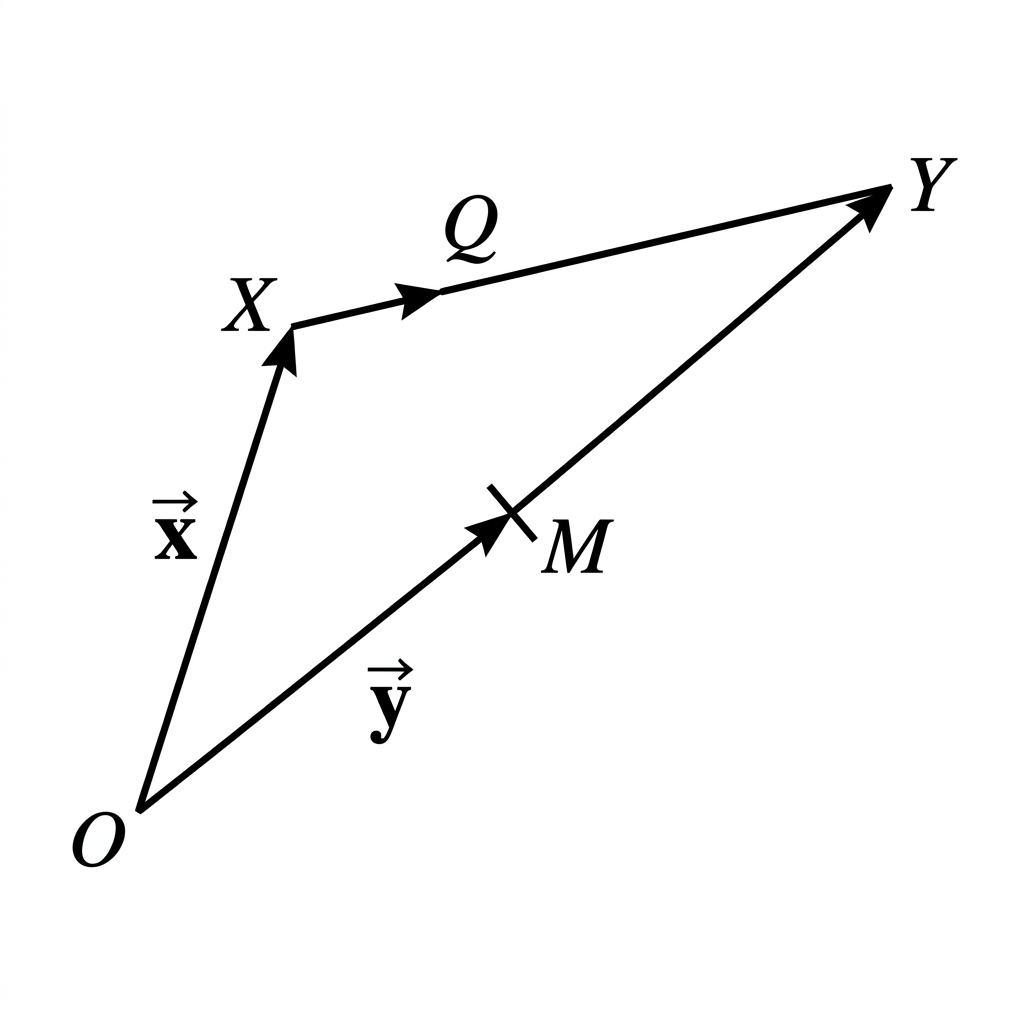 Diagram showing triangle OXY with vectors x and y. Point M is the midpoint of OY. Point Q is on the line segment XY.