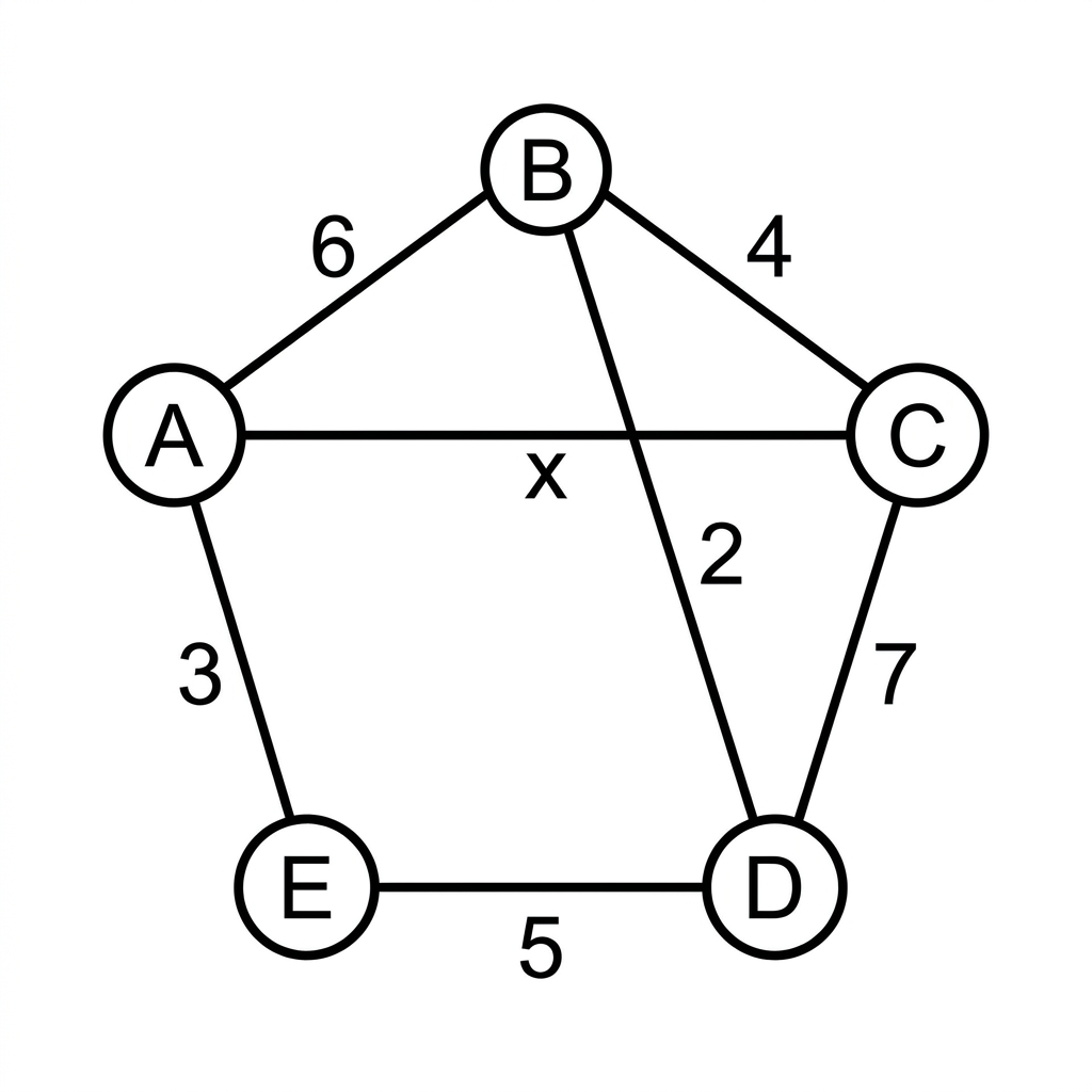 Weighted graph with vertices A, B, C, D, E and edges with weights, including one labeled x. Edges are AB=6, BC=4, CD=7, DE=5, EA=3, BD=2, AC=x. All weights are positive.